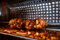 Roasted whole chickens rolling over roasted vegetables in a grilling box with refraction. Royalty Free Stock Photo