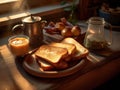 Close up view of toast, fried eggs and coffee on wooden table. Generative AI
