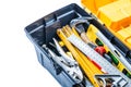 Close up view tools in toolbox isolated