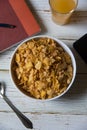 Close up view from top of a bowl of corn flakes Royalty Free Stock Photo