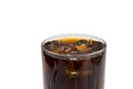 Close up view of top of full glass of soda with ice cubes isolated. Unhealthy drinks concept. Royalty Free Stock Photo