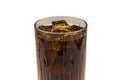 Close up view of top of full glass of soda with ice cubes isolated. Unhealthy drinks concept. Health concept. Royalty Free Stock Photo