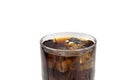 Close up view of top of full glass of soda with ice cubes isolated. Unhealthy drinks concept. Health concept. Royalty Free Stock Photo