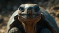 A close-up view of a tortoise, showcasing its rugged, textured facial features