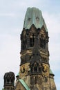 Close up view tower of Kaiser Wilhelm Memorial Church in summer