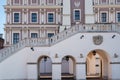Close up view of the Town Hall, arches and steps in the historic Great Market Square in Zamosc Poland.