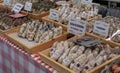 Close-up view of traditional sausage and salami at a market stand in the hsitoric city center of Clervaux
