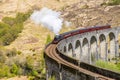 A close up view of a train on the viaduct at Glenfinnan, Scotland