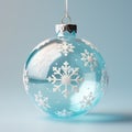 Close up view of transparent blue Christmas ball with snowflakes. Decoration shiny bauble isolated white background. Minimalist Royalty Free Stock Photo