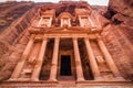 Close up view of the Treasury (Al Khazneh) at the ancient city of Petra