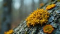 Close-up view of tree bark covered in vibrant yellow, orange lichen. Textured surface intricate patterns within forest Royalty Free Stock Photo