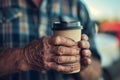 Weathered hands of a truck driver holding a coffee cup during a break Royalty Free Stock Photo