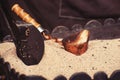 Close up view of turkish coffee prepared on hot golden sand. Coffee preparation concept Royalty Free Stock Photo