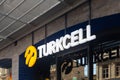 Close up view of Turkish telecommunication brand`s store signage on Istiklal Avenue