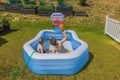 Close up view of two boys in inflatable outdoor swimming pool playing water basketball on backyard on sunny summer day. Royalty Free Stock Photo