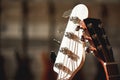 Close-up view of two different guitar headstocks with tuning keys against of a blurred background