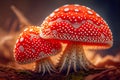 Close up view of two red fly agaric mushrooms, Ai generated