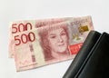 Close up view of two Swedish money banknotes next to a black leather wallet. Royalty Free Stock Photo