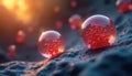Close-up view of two transparent spheres containing red cellular structures on textured surface. Scientific research focuses on Royalty Free Stock Photo