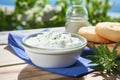 Close up view of tzatziki on Greek table, sea in background