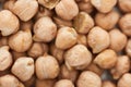 Close up view of uncooked chickpea seeds.