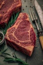 Close up view of uncooked raw steak with rosemary Royalty Free Stock Photo