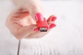 Close up view of usb flash pendrive in female hand Royalty Free Stock Photo