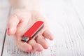 Close up view of usb flash pendrive in female hand Royalty Free Stock Photo