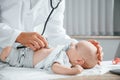 Close up view. Using stethoscope. Doctor in white coat is taking care of little toddler indoors