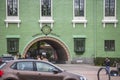 Close up view of Vaksala Skolan green facade. Uppsala. Sweden.