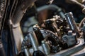 Close-up view, valve timing chain, shaft. Gear Mechanism and settings. twin engine motorcycle Royalty Free Stock Photo