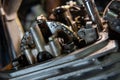 Close-up view, valve timing chain, shaft. Gear Mechanism and settings. twin engine motorcycle Royalty Free Stock Photo