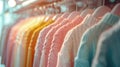 Close-up view of a variety of colorful youth cashmere sweaters and hoodies on a clothes rack, highlighting the detailed