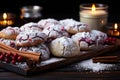 Close up view of a variety of exquisitely decorated christmas cookies on a rustic table complete with crumbs, AI Generated