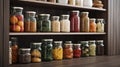 Close Up View Variety of Nonperishable Food Staples And Preserved Foods in Jars On Kitchen Shelf. Generative AI