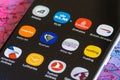 Close up view of various airline companies app, icons, logo displayed on a smartphone Royalty Free Stock Photo