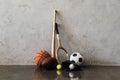 Close-up view of various balls and sports equipment Royalty Free Stock Photo