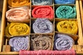 Close up view of various colors ethnic silk pashmina scarves Royalty Free Stock Photo