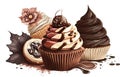 close up view of various sweet cupcake with fruit and chocolate pieces