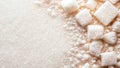 Closeup view of various white sugar forms including loose granules and sugar cubes Textural details emphasize diversity in Royalty Free Stock Photo