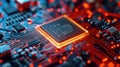 Glowing Microchip on Futuristic Circuit Board Background With Red Light Technology Royalty Free Stock Photo