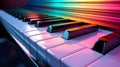 A close-up view of a vibrant and colorful piano keyboard. Generative ai