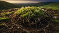 Mossy Mound Earth Detail with Rootlets, Soil and Rolling Hills at Background Royalty Free Stock Photo