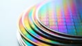 Colorful silicon wafers stacked, showcasing intricate patterns and reflections Royalty Free Stock Photo