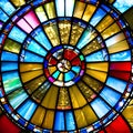 A close-up view of a vibrant stained glass window, casting a mesmerizing play of light and colors5, Generative AI
