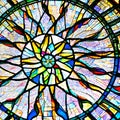 A close-up view of a vibrant stained glass window, casting a mesmerizing play of light and colors3, Generative AI
