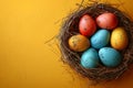 Colorful Easter Eggs Nestled in a Bird\'s Nest on a Mustard Yellow Background Royalty Free Stock Photo