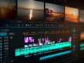 Close-up view of a video editing software interface on a solid color background, with cinematic frames and color grading overlays Royalty Free Stock Photo
