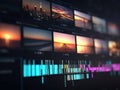 Close-up view of a video timeline interface on a solid color background, displaying thumbnails and metadata for multiple video Royalty Free Stock Photo