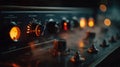 Close-up view of vintage analog equipment showcasing glowing dials and knobs in a dimly lit room with soft focus Royalty Free Stock Photo